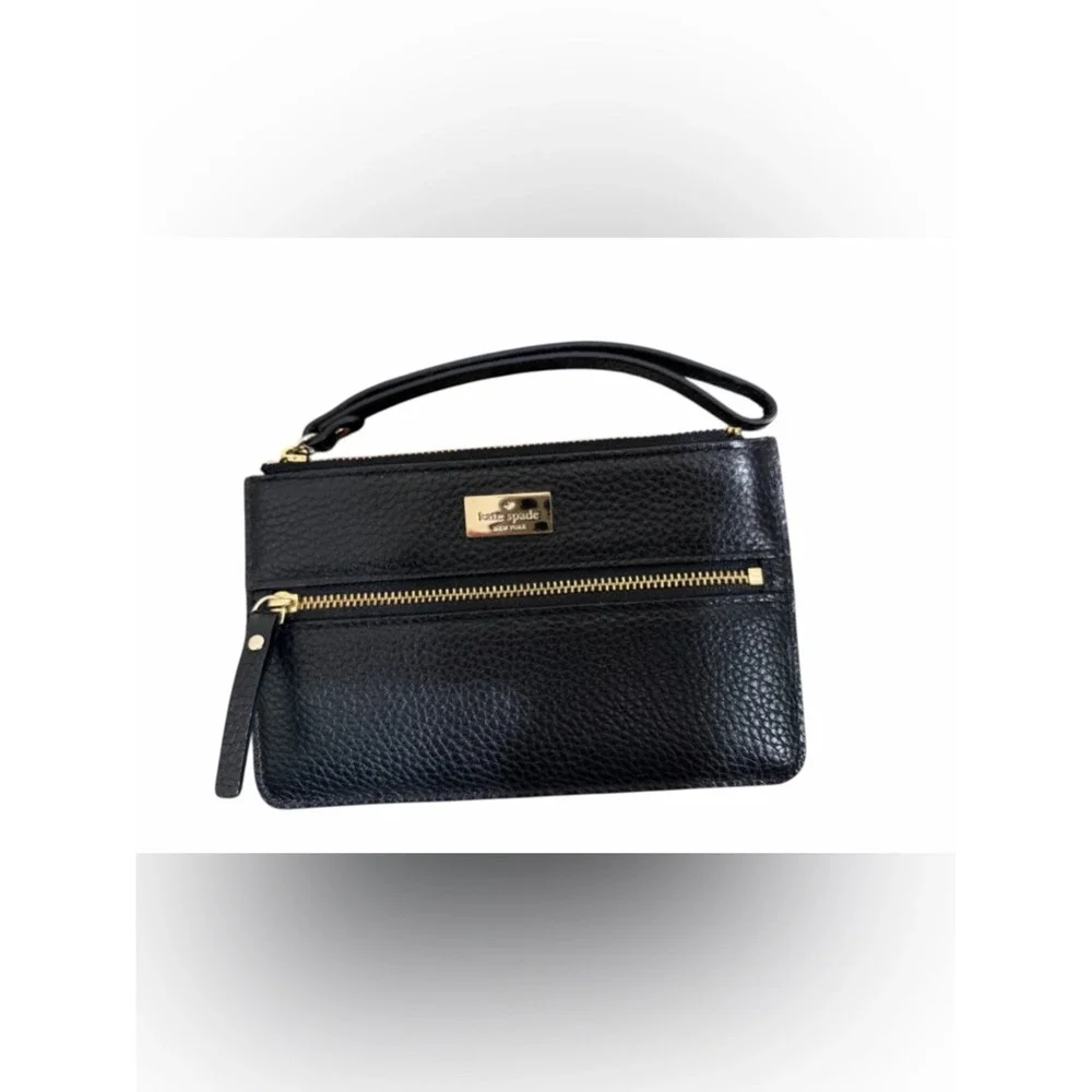 kate spade Black Pebbled Leather Zip Wristlet with Gold Hardware